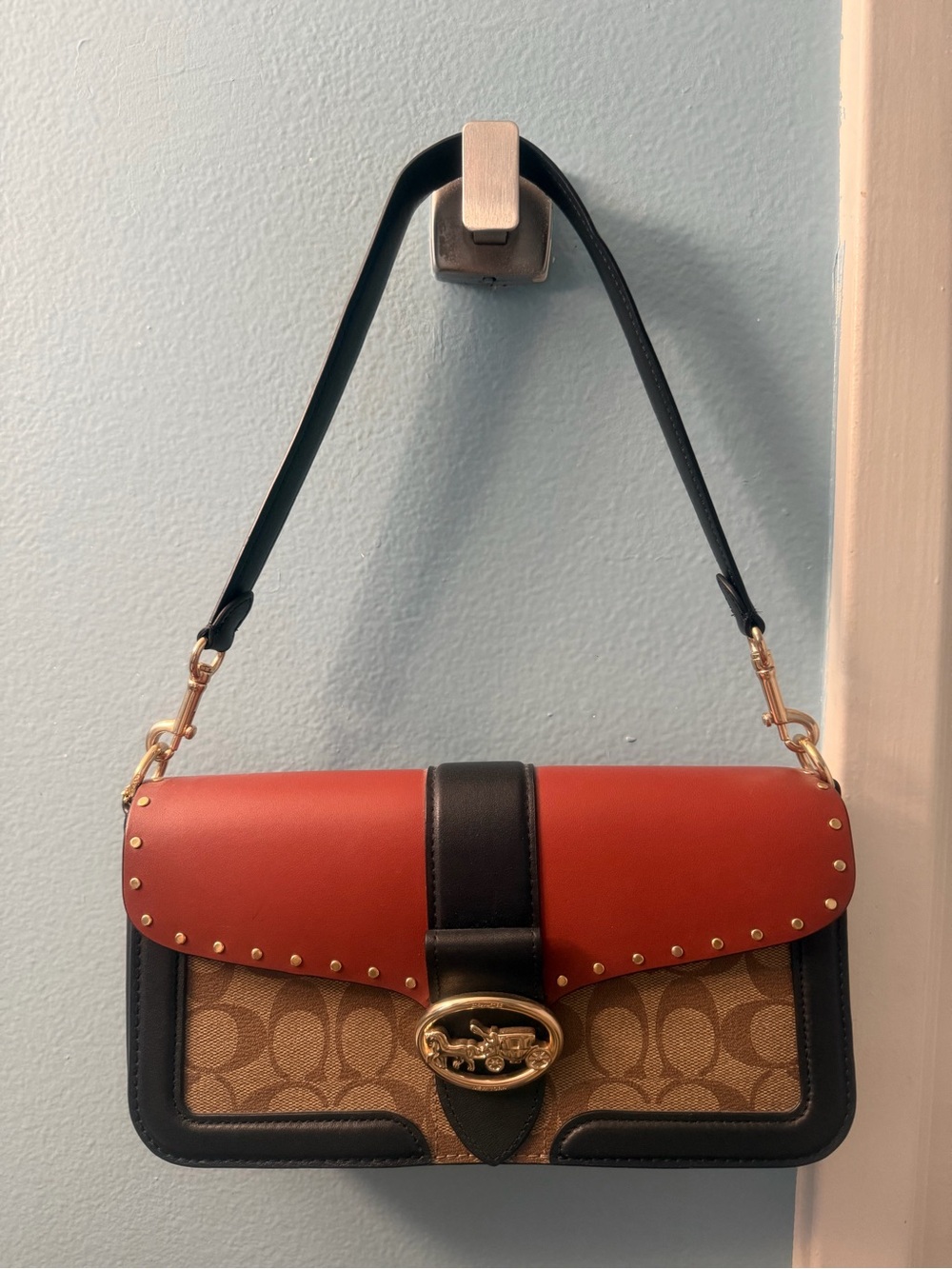 Coach Leather & Signature Canvas Shoulder Bag - Red/Black/Tan